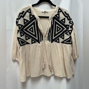 Boho Embroidered Peasant Top - Beige with Black Sz M